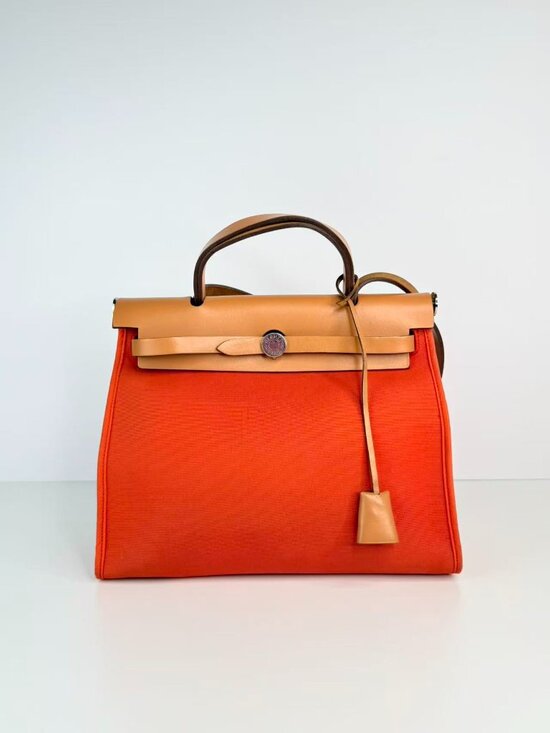 Hermes Handbags - Hermès Herbag Zip 31 Orange Canvas & Natural Vache Hunter Leather Handbag